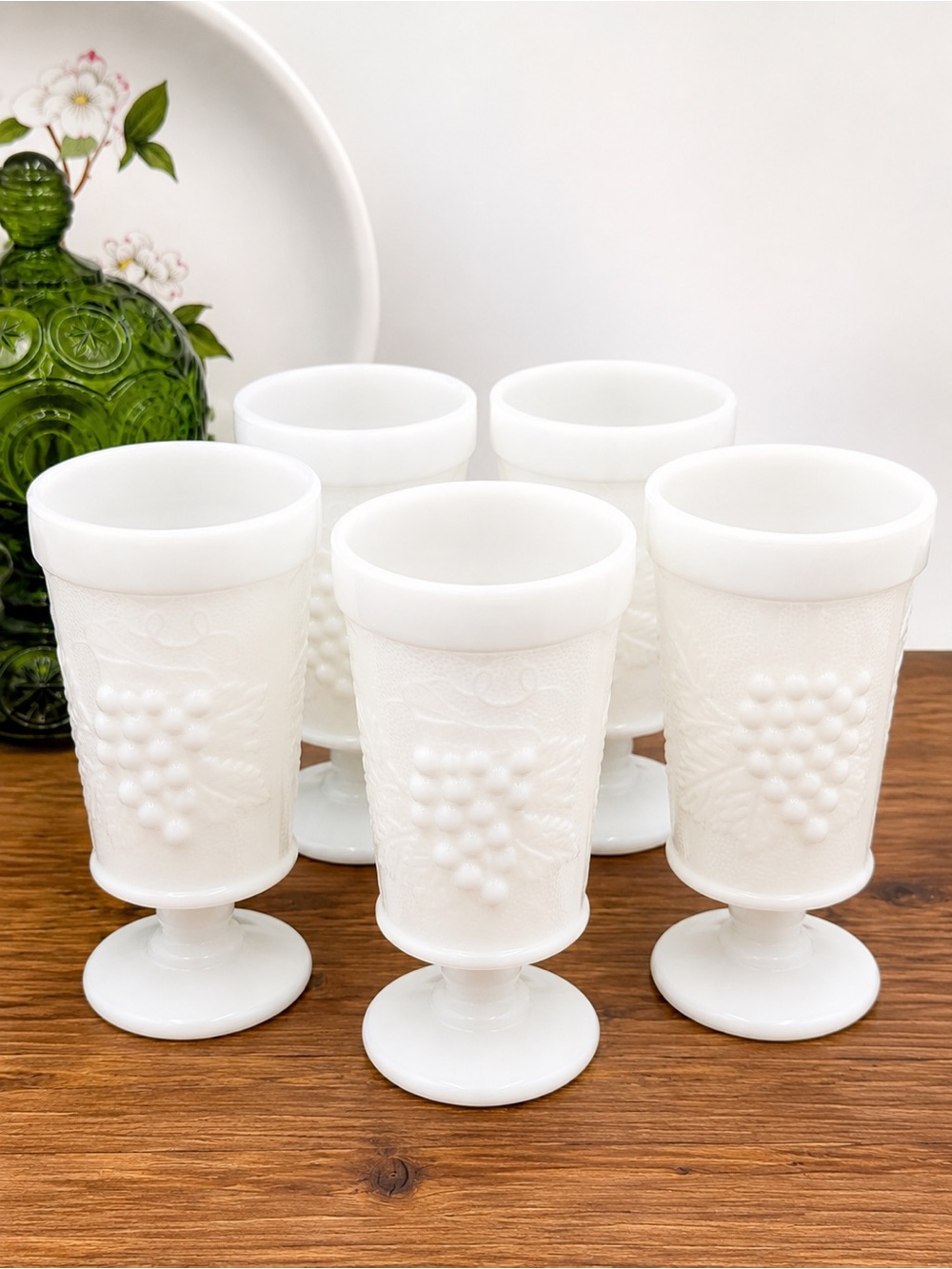 Vintage White Milk Glass Harvest Grape Pedestal Goblets Set of 5